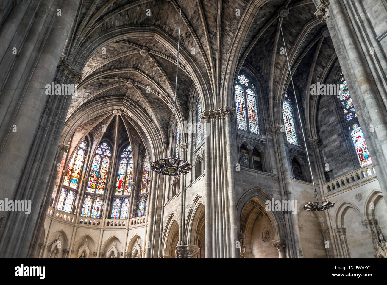 Aisle and apse in nave of St Louis des Chartrons church. Bordeaux, Aquitaine, France. Stock Photo