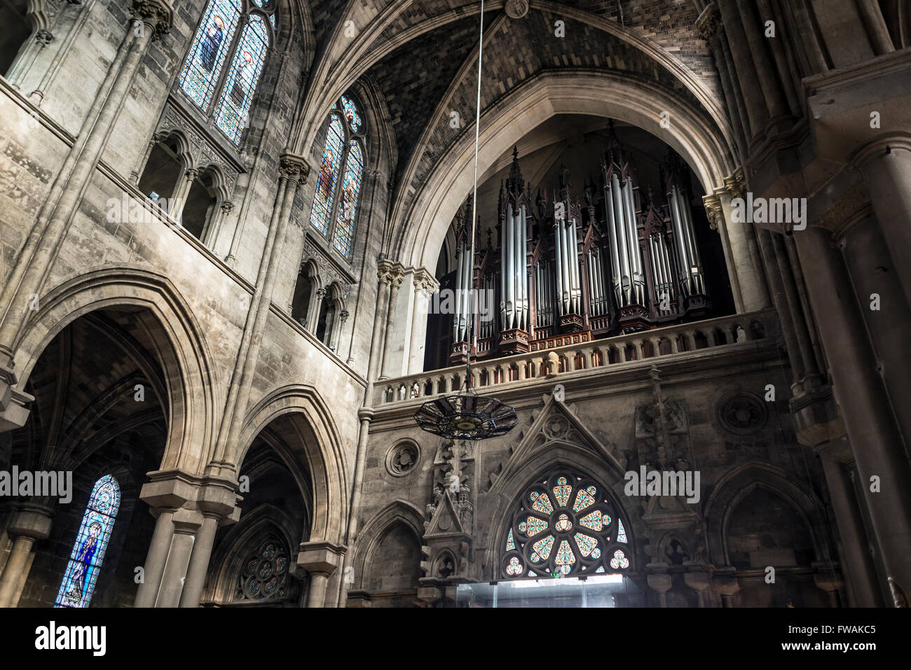 The pipe organ in nave of St Louis des Chartrons church. Bordeaux, Aquitaine, France. Stock Photo