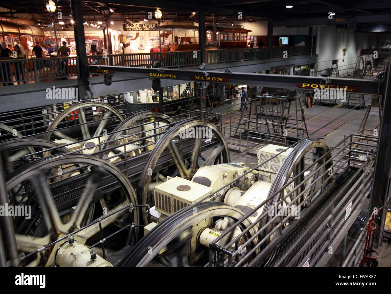 Historic Cable Car Museum and winding station, Mason Street, San Francisco, California, USA, winding wheels turning at speed. Stock Photo