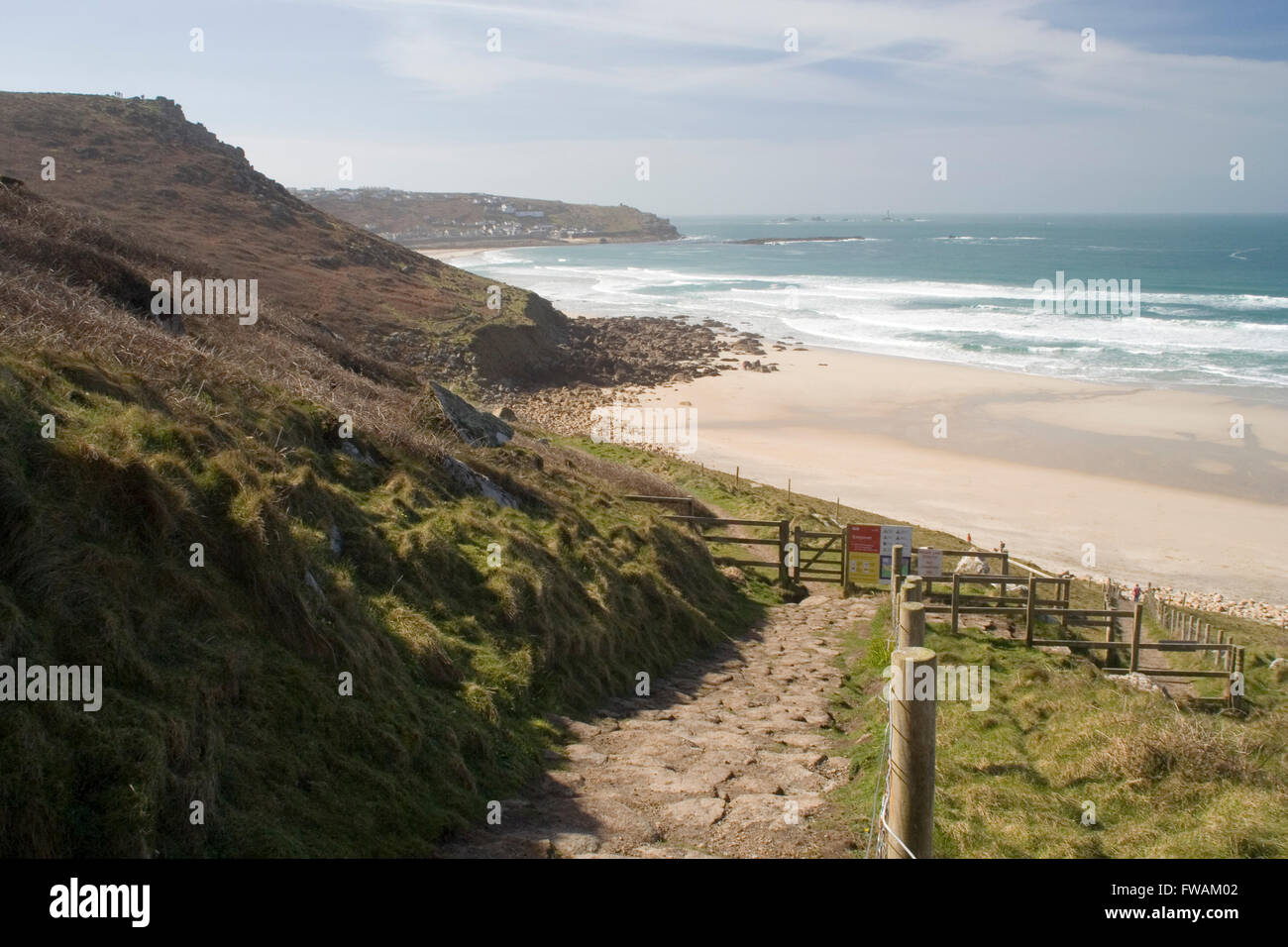 cliff path down to Gwynver beach Stock Photo