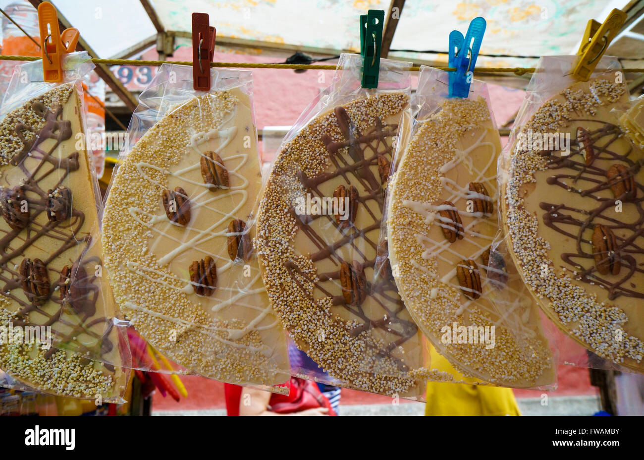 Mexican oblea wafer candy sold by a vendor in the Coyoacan neighborhood