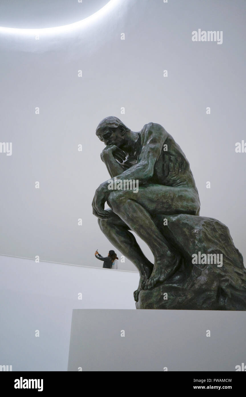 The Thinker is a bronze sculpture by Auguste Rodin in the Museo Soumaya, a private museum of Mexico City, Mexico Stock Photo