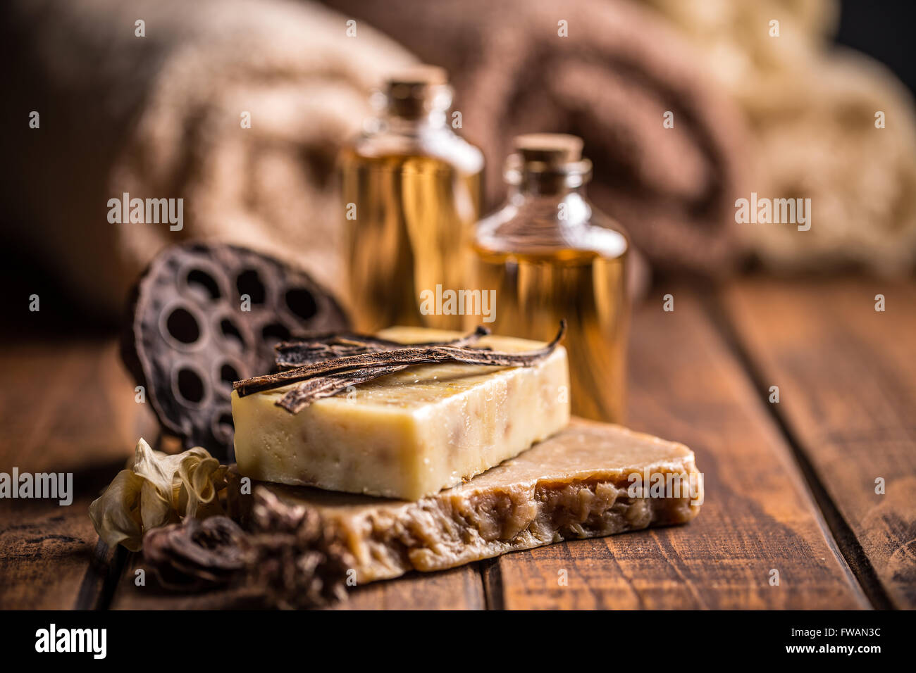 Bars of handmade soap with vanilla essential oil Stock Photo