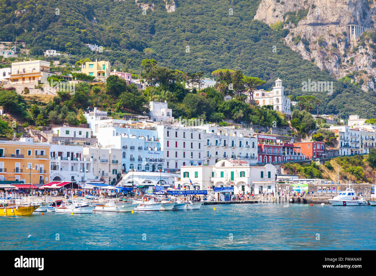 Capri, Italy - August 14, 2015: Main port of Capri island in a summer day, Italy, Tyrrhenian Sea, Bay of Naples Stock Photo