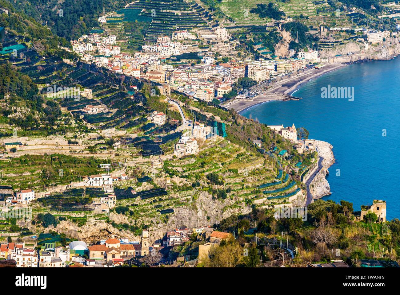 View of Minori and Maiori towns on the Amalfi Coast Stock Photo