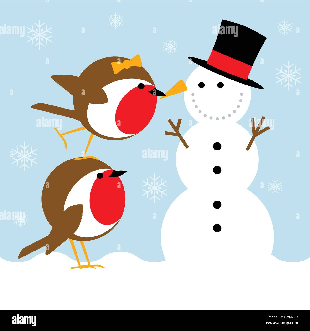 humorous Christmas card scene with cute robins putting a nose on a jolly snowman Stock Vector
