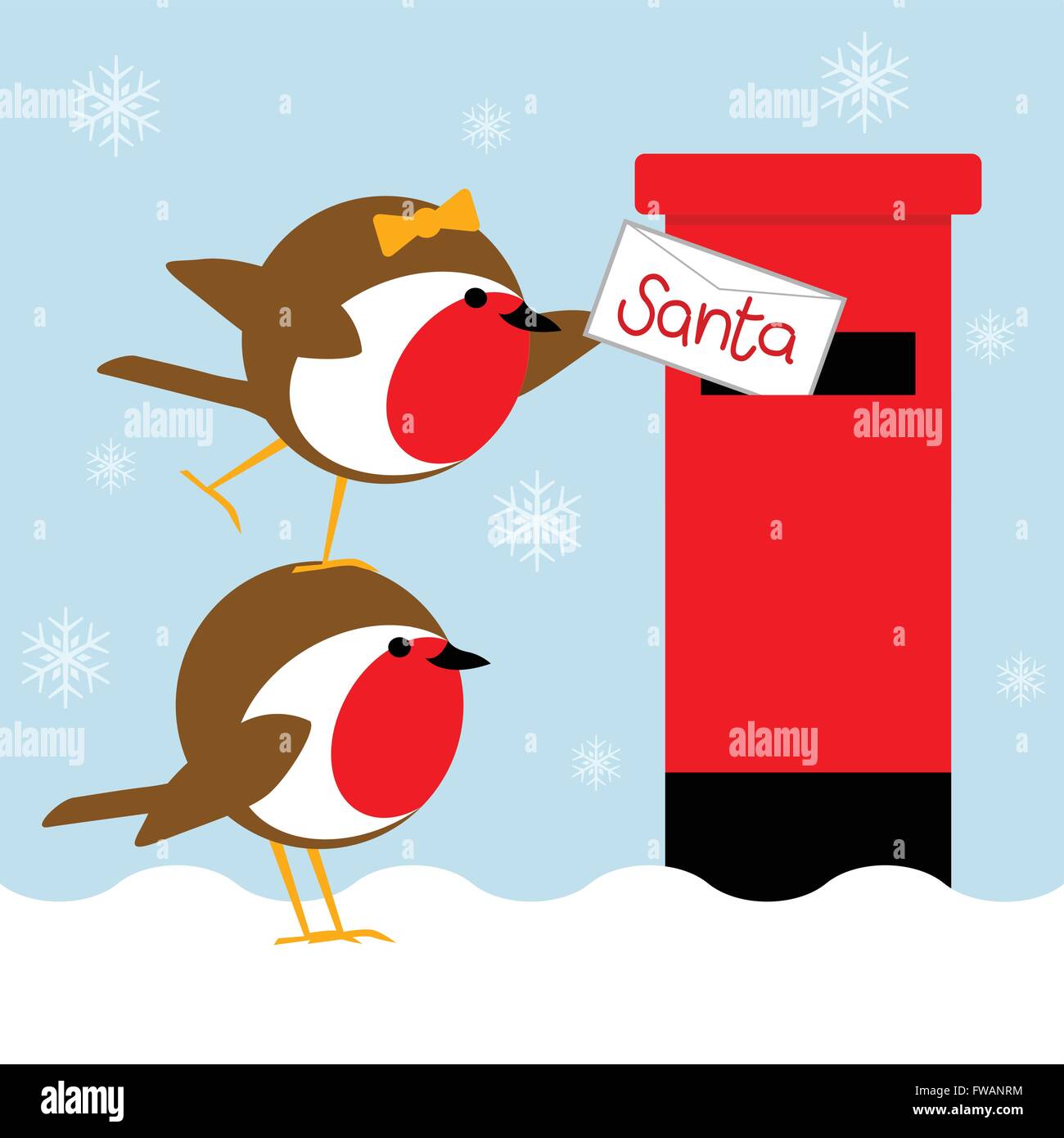 humorous christmas card with cute robins posting a letter to santa Stock Vector