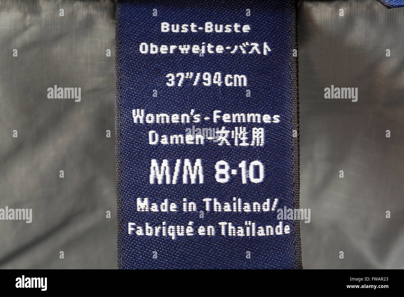 Clothing label on a women's garment made in Thailand. England, UK