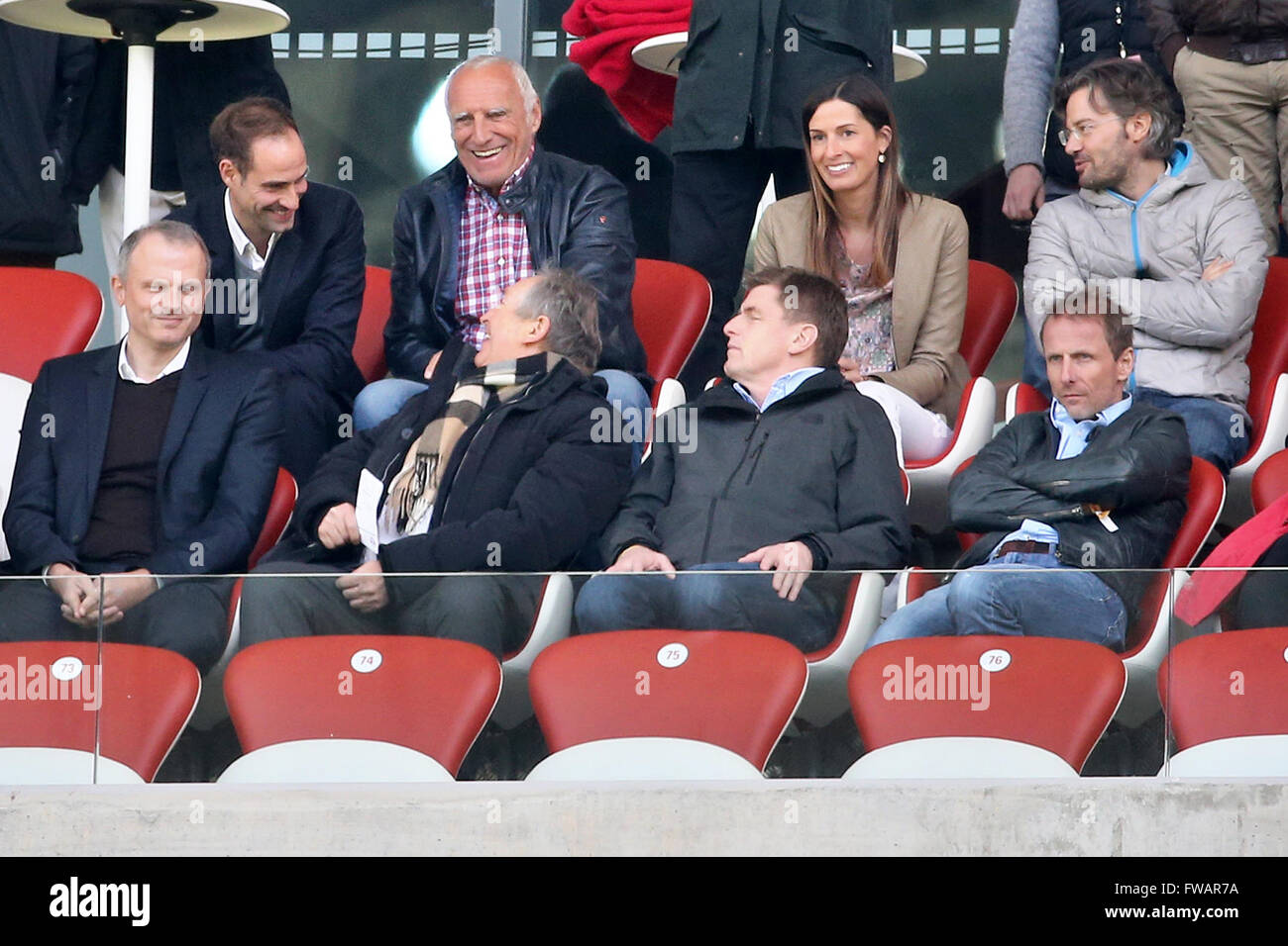 Leipzig, Germany. 02nd Apr, 2016. RB founder Dietrich Mateschitz (2nd ROW  C) and RB chairman Oliver Mintzlaff (L) sit in the VIP stands at the German  Bundesliga soccer match between RB Leipzig