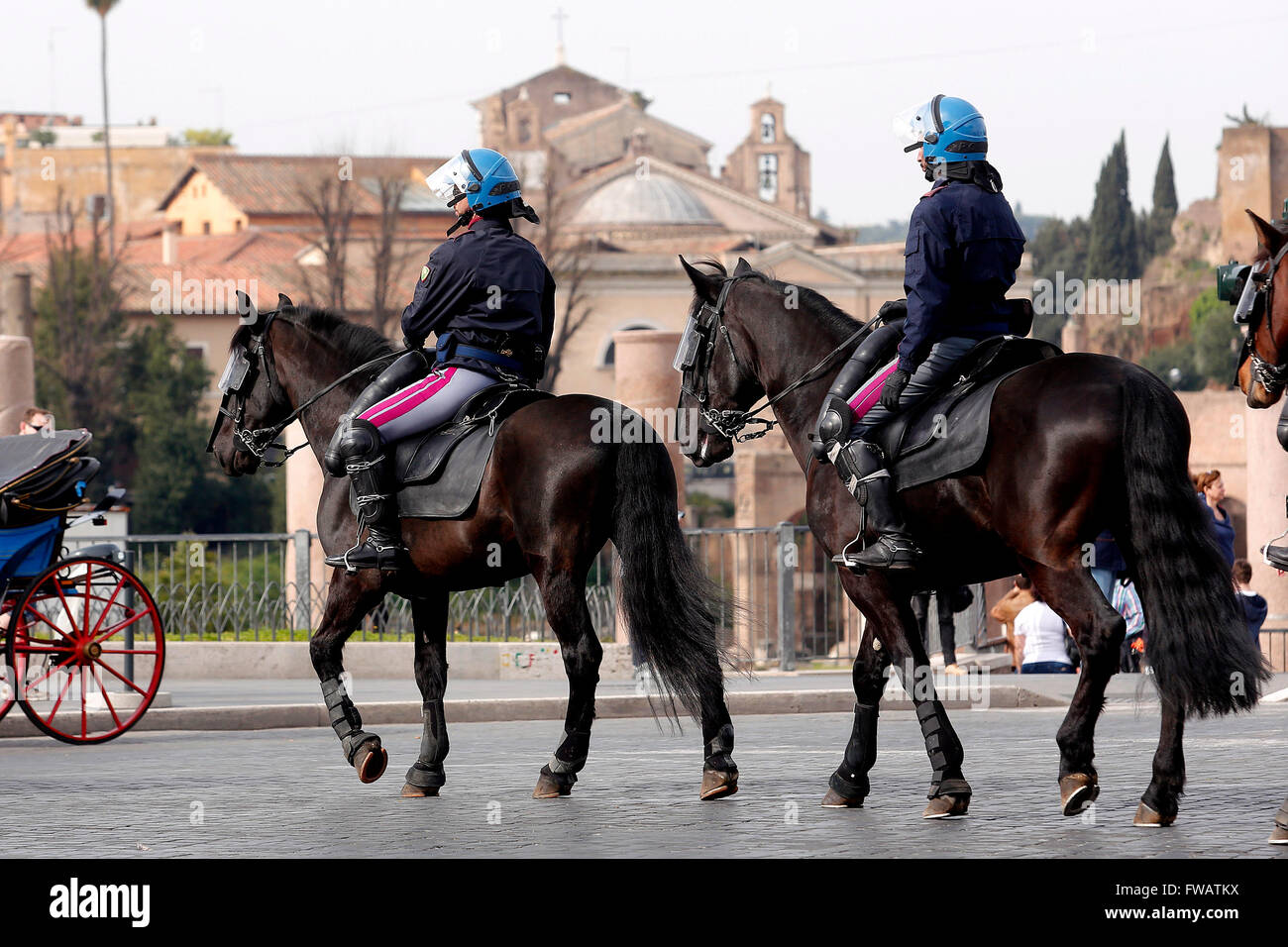 Rome 2nd April 2016. Imperial Fora. Security in Rome. Police by horse patrolling Coliseum and Imperial Fora. Photo Samantha Zucchi Insidefoto Credit:  Insidefoto/Alamy Live News Stock Photo