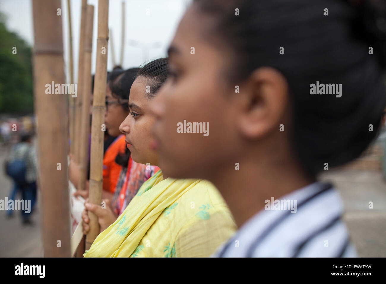 Dhaka, Bangladesh. 2nd April, 2016. Women activist join the stick procession as a protest against rape and sexual harassment on woman at Dhaka University area in Dhaka, Bangladesh on April 02, 2016. Credit:  zakir hossain chowdhury zakir/Alamy Live News Stock Photo