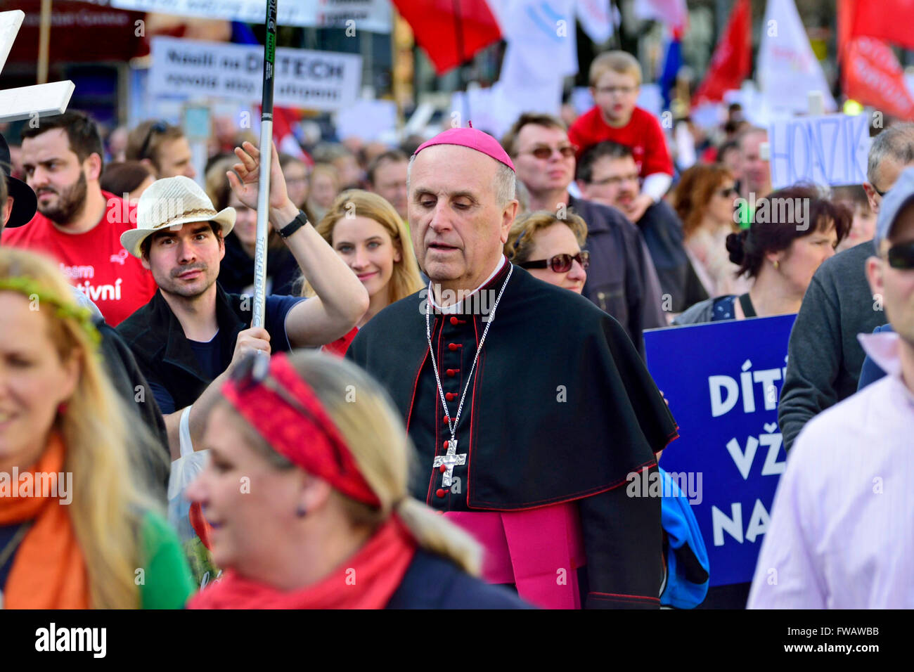 Prague, Czech Republic. 2nd April, 2016. Annual National March for Life - pro-life demonstration against abortion,organized by the Hnutí pro život (Pro-life Movement) and supported by the Greek Orthodox and Roman Catholic Churches. Bishop František Radkovský of Plzen Credit:  PjrNews/Alamy Live News Stock Photo