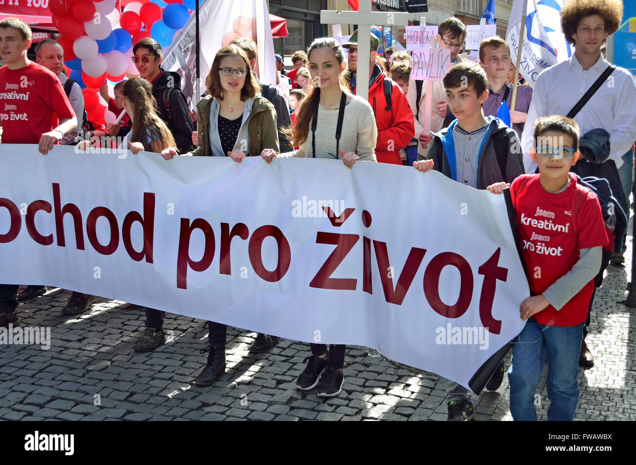 Prague, Czech Republic. 2nd April, 2016. Annual National March for Life - pro-life demonstration against abortion,organized by the Hnutí pro život (Pro-life Movement) and supported by the Greek Orthodox and Roman Catholic Churches Credit:  PjrNews/Alamy Live News Stock Photo