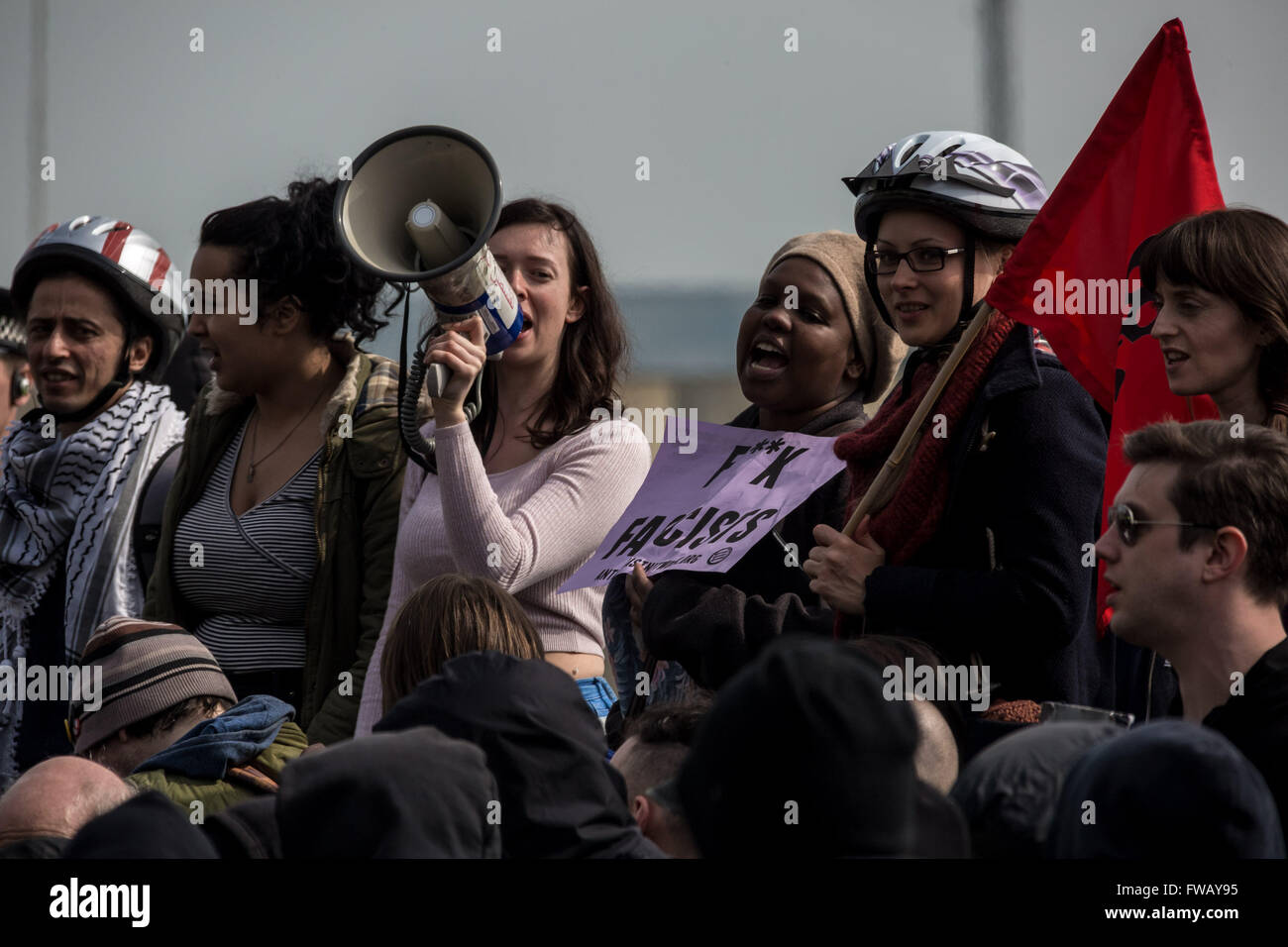 Port of Dover, Kent, UK. 2nd April, 2016. Anti-Fascist groups protest whilst under a heavy police presence against far-right British nationalists marching to Port of Dover in a protest against migration and refugee seekers to UK Credit:  Guy Corbishley/Alamy Live News Stock Photo