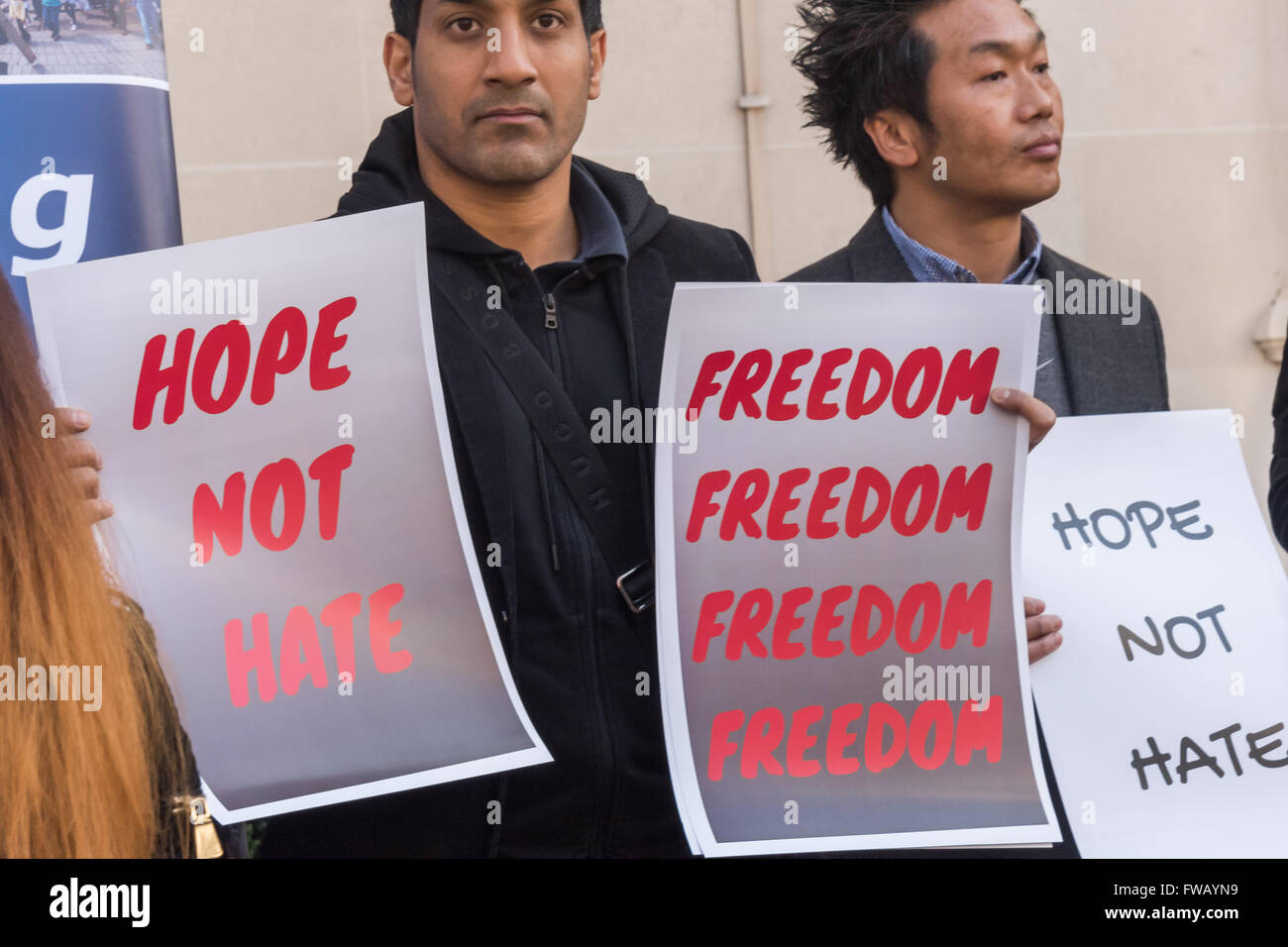 London, UK. 2th April, 2016.  Christians hold posters at a rally following the Lahore bombing at the Pakistan High Commision.  Pakistani, Nepalese and British Christians at the protest called for an end to the blasphemy laws and for the protection of all religious minorities in Pakistan.Peter Marshall/Alamy Live News Stock Photo