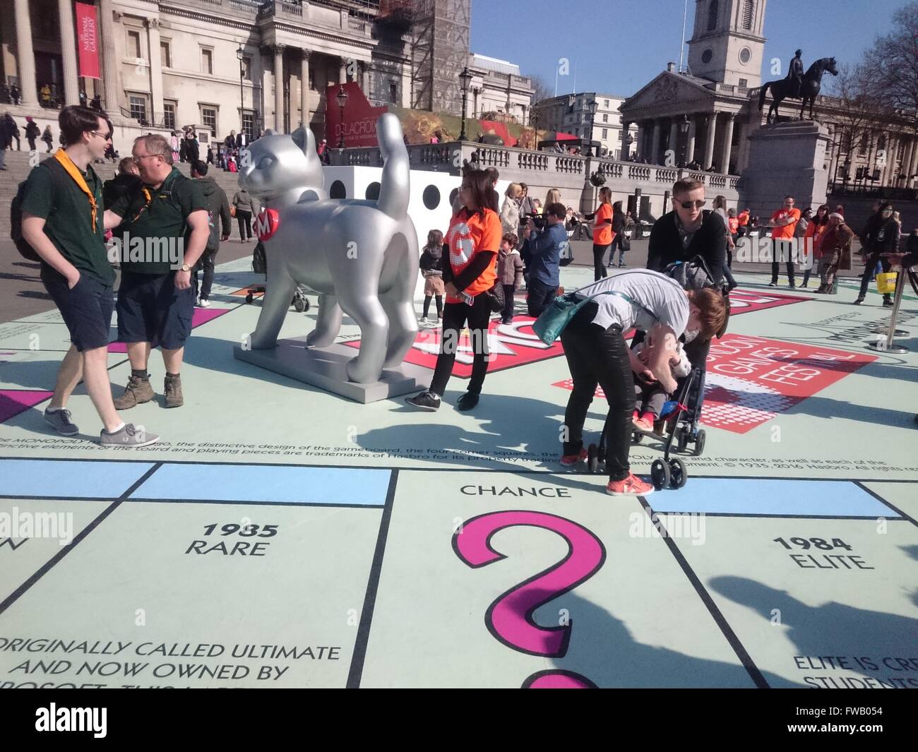 Trafalgar Square, London, UK. 02nd Apr, 2016. Big Monopoly is set on Trafalgar square for London Games Festival, London,UK, 02 April 2016 Credit:  Nastia M/Alamy Live News Stock Photo