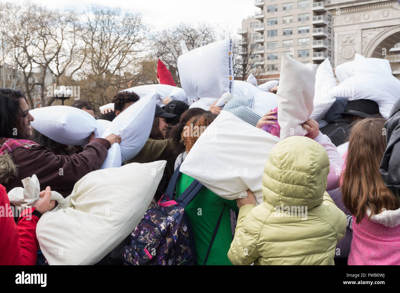 Crowds of young people taking part in the world's largest pillow fight