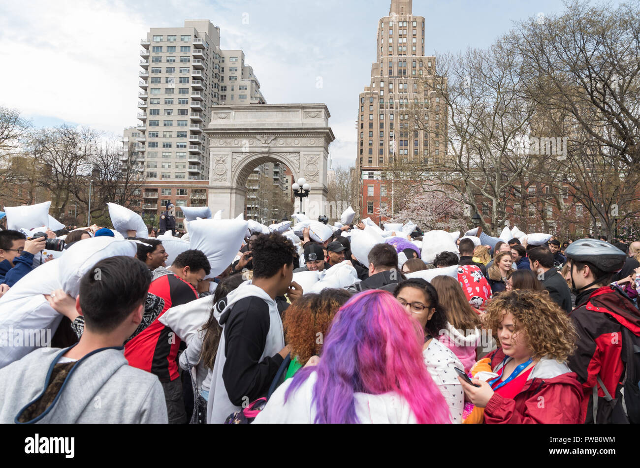 Crowds of young people taking part in the world's largest pillow fight