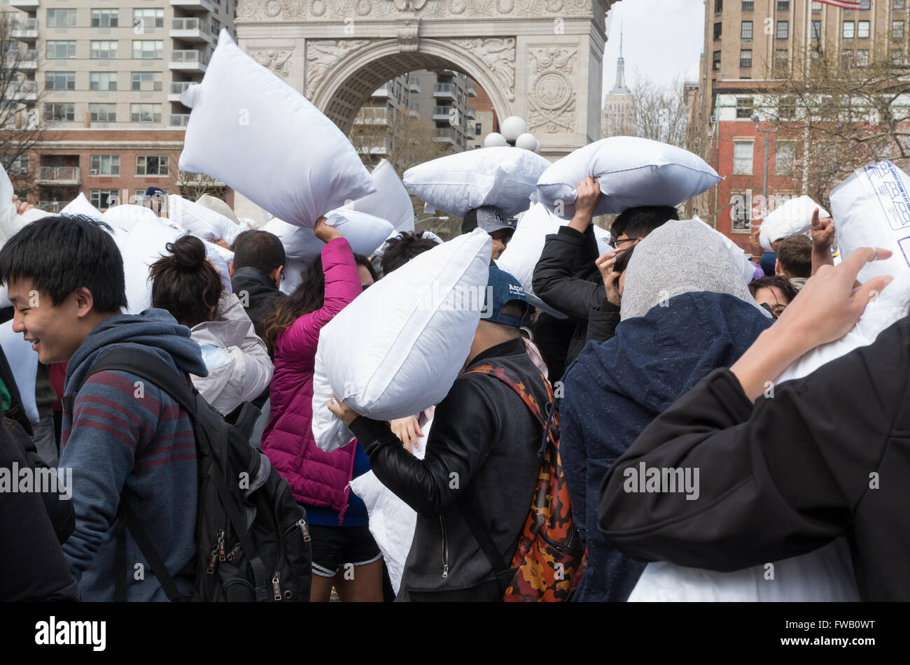 Crowds of young people taking part in the world's largest pillow fight