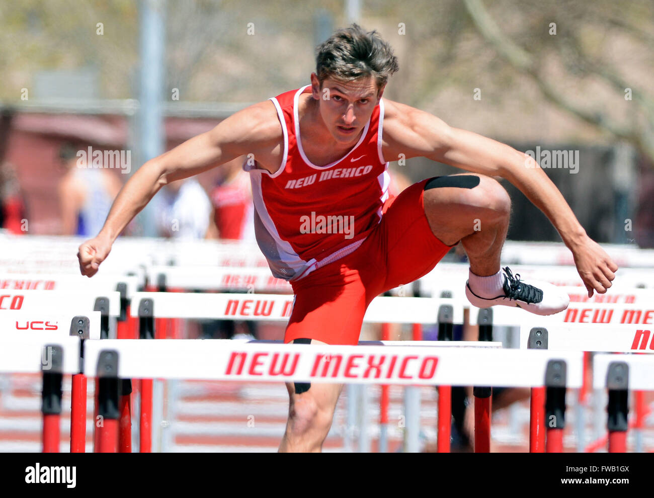 Albuquerque, NM, USA. 2nd Apr, 2016. UNM's Yannick Roggatz in the men's 100 high hurdles. Saturday, April. 02, 2016. © Jim Thompson/Albuquerque Journal/ZUMA Wire/Alamy Live News Stock Photo