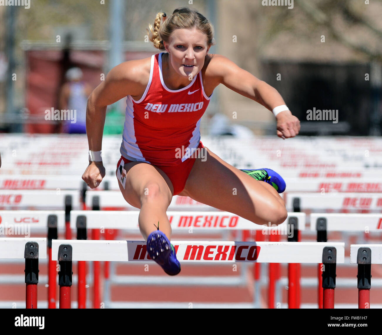 Albuquerque, NM, USA. 2nd Apr, 2016. UNM's Holly VanGrinsven in the women's 100 hurdles. Saturday, April. 02, 2016. © Jim Thompson/Albuquerque Journal/ZUMA Wire/Alamy Live News Stock Photo