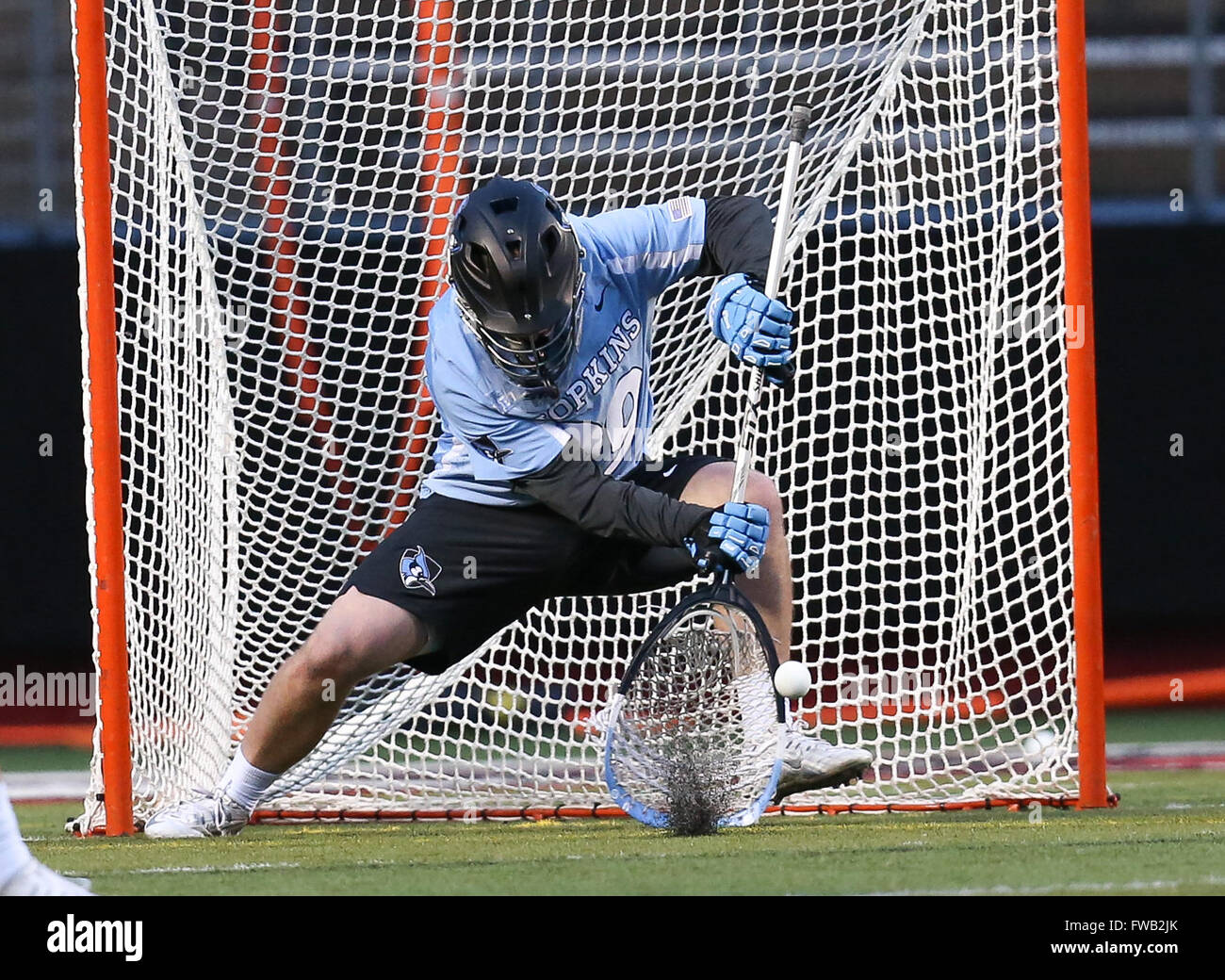 Piscataway, NJ, USA. 2nd Apr, 2016. Johns Hopkins goalkeeper Brock Turnbaugh (29) makes a save during an NCAA Lacrosse game between the Johns Hopkins Blue Jays and the Rutgers Scarlet Knights at High Point Solutions Stadium in Piscataway, NJ. Rutgers defeated Johns Hopkins, 16-9. Mike Langish/Cal Sport Media. © csm/Alamy Live News Stock Photo