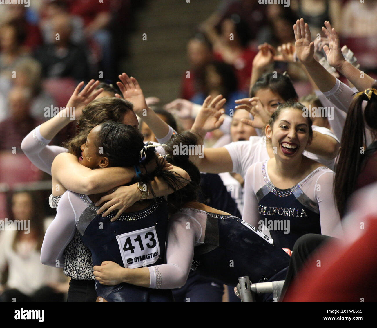 April 2, 2016: The University of California Berkeley gymnastics team celebrates at the NCAA Tuscaloosa Regional gymnastics championship. California pulled out the win, scoring a 195.925 to take second place behind the University of Alabama. The second place finish means California earned a berth at the NCAA Gymnastics Championships in Fort Worth, Texas for the first time since 1992. Melissa J. Perenson/CSM Stock Photo
