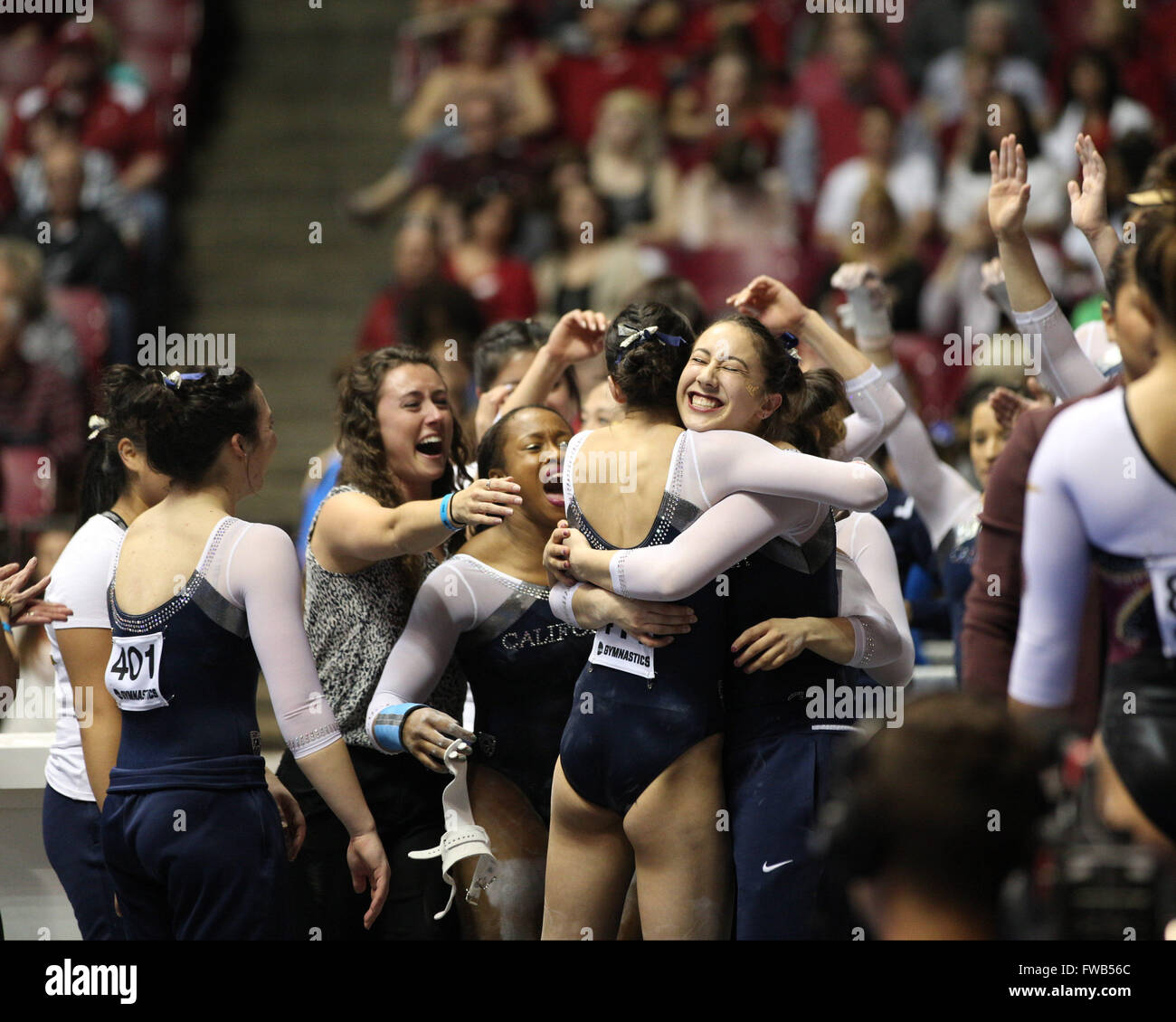 April 2, 2016: The University of California Berkeley gymnastics team celebrates at the NCAA Tuscaloosa Regional gymnastics championship. California pulled out the win, scoring a 195.925 to take second place behind the University of Alabama. The second place finish means California earned a berth at the NCAA Gymnastics Championships in Fort Worth, Texas for the first time since 1992. Melissa J. Perenson/CSM Stock Photo