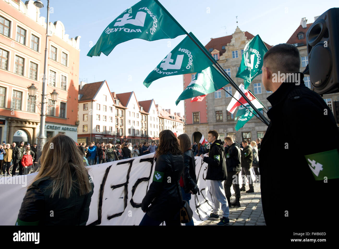 Hundreds supported an anti immigrant and anti Muslim protest organized by Oboz Narodowo-Radykalny (National Radical Camp) in Wroclaw, Western Poland. (Photo by Marcin Rozpedowski/Pacific Press) Stock Photo