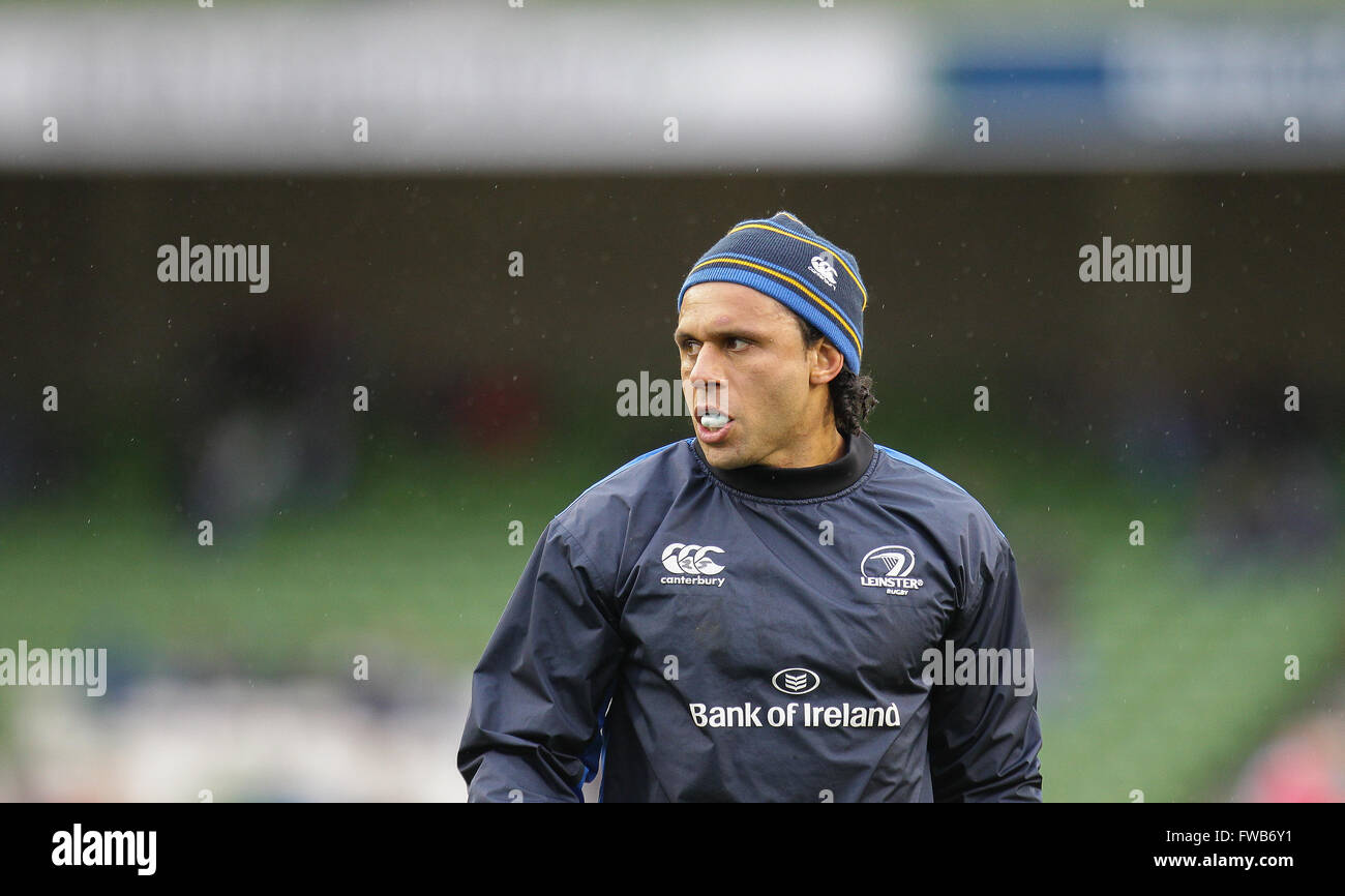 Dublin, Ireland. 2nd April, 2016. Isa Nacewa (c) of Leinster during warm-ups,  Leinster Rugby v Munster Rugby, Guinness Pro12, Aviva Stadium, Lansdowne Road, Dublin, Ireland, Credit:  Peter Fitzpatrick/Alamy Live News Stock Photo