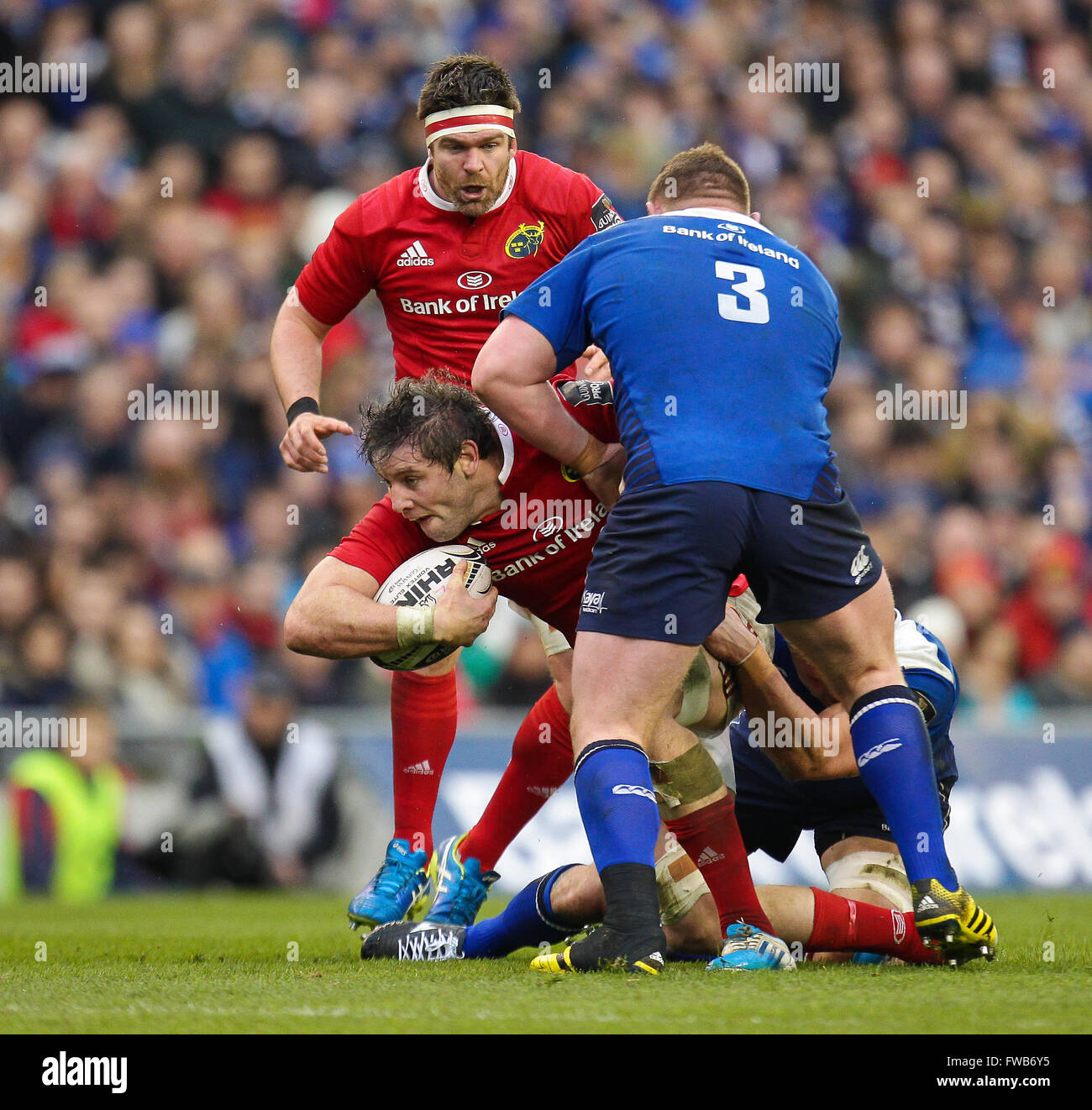 Dublin, Ireland. 2nd April, 2016. Eoin Reddan of Leinster kicking the ball clear,  Leinster Rugby v Munster Rugby, Guinness Pro12, Aviva Stadium, Lansdowne Road, Dublin, Ireland, Credit:  Peter Fitzpatrick/Alamy Live News Stock Photo