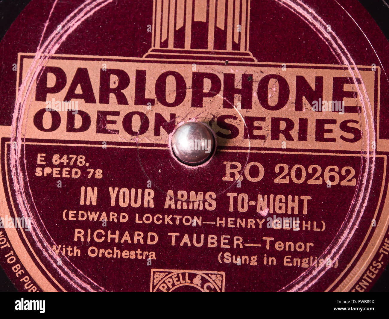 Closeup of antique record label ,Parlophone Odeon series, famous tenor  Richard Tauber singing 'In your arms tonight' ca 1934 Stock Photo