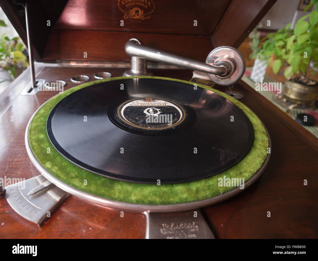 Vintage cabinet gramophone with record,  'Jack Tar' march, Sousa Brunswick military band Stock Photo