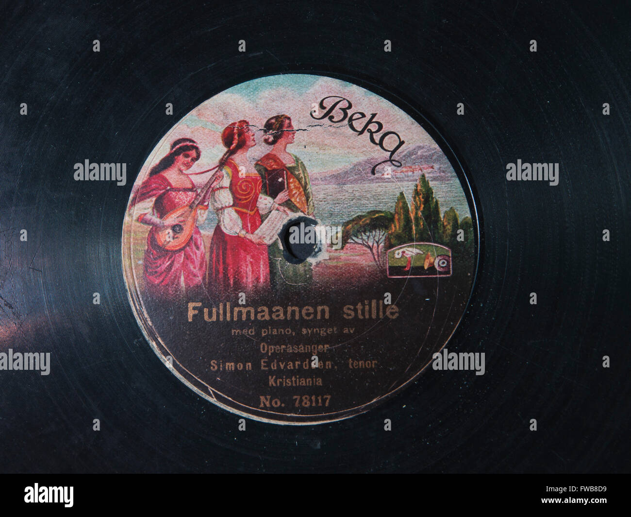 Colourful vintage record label from the German Beka company, Norwegian song 'Fullmaanen stille' Stock Photo