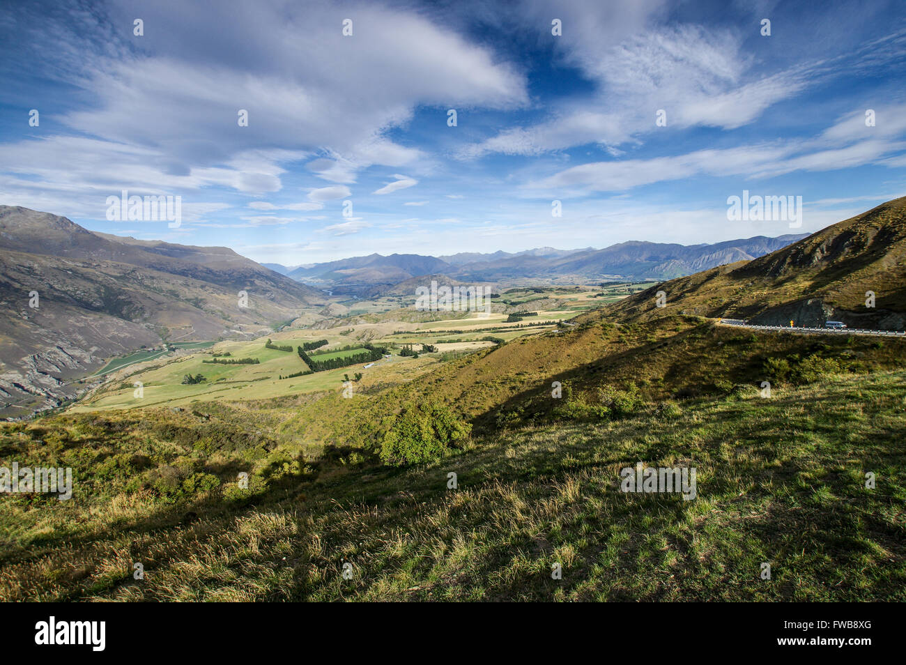 View of Queenstown from Crown Range Road, New Zealand Stock Photo