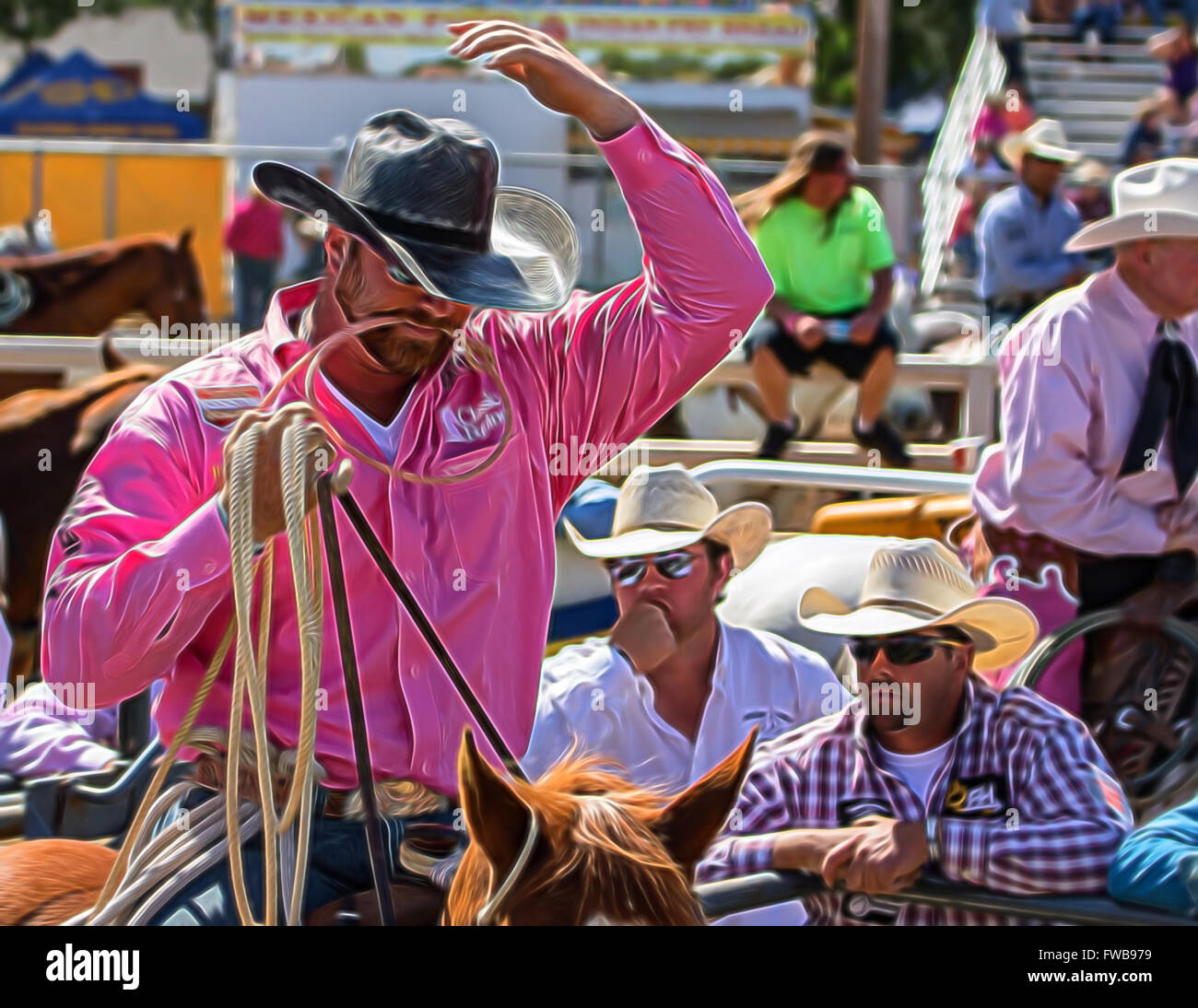 Rodeo cowboys prepare for action at a rodeo in Red Bluff, California