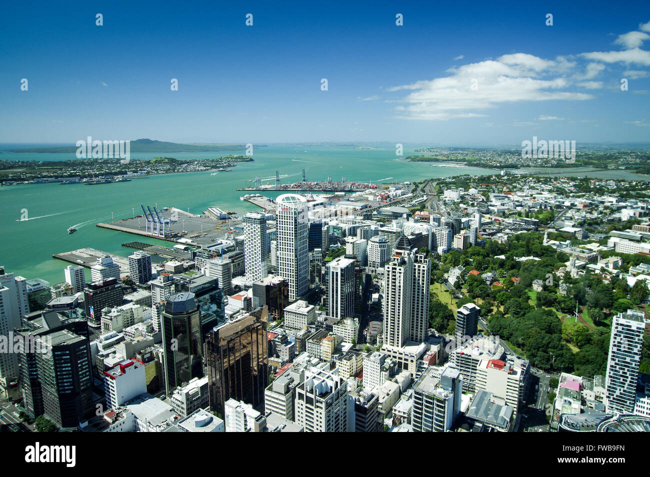 View of Auckland Harbour and downtown Auckland from Sky Tower observation deck Stock Photo