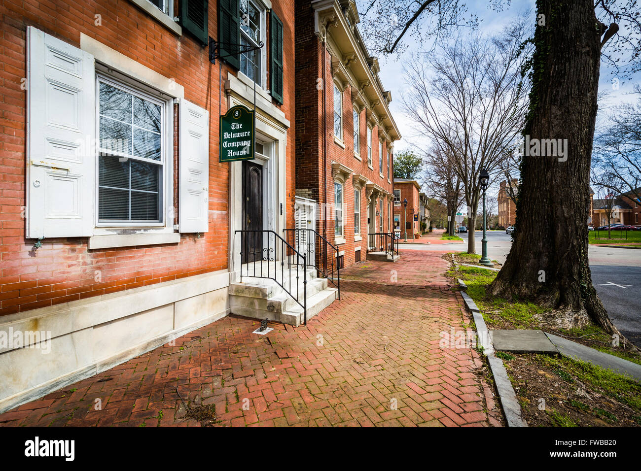 Historic buildings and sidewalk in Dover, Delaware. Stock Photo