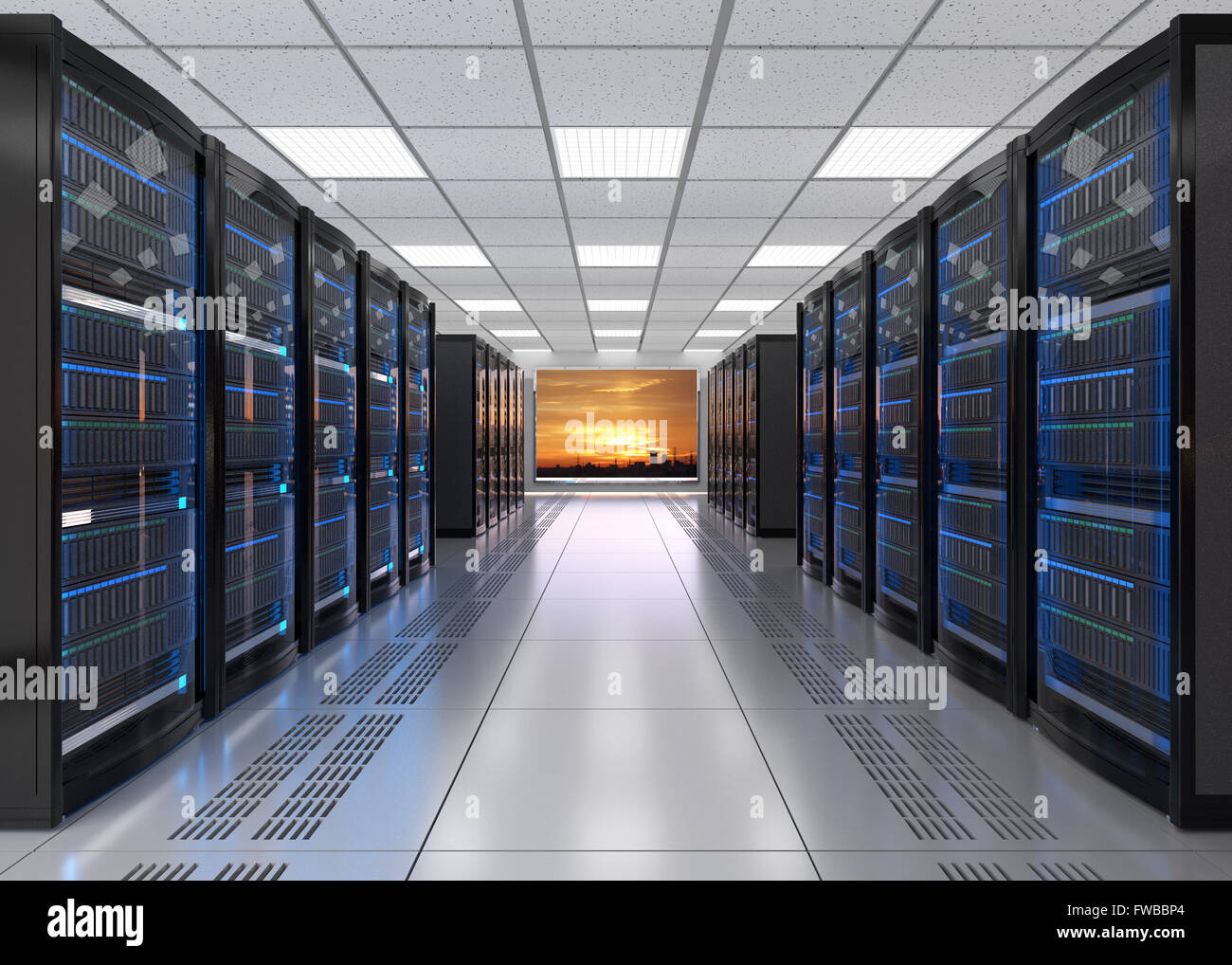 Modern server room interior. 3D rendering image. Stock Photo