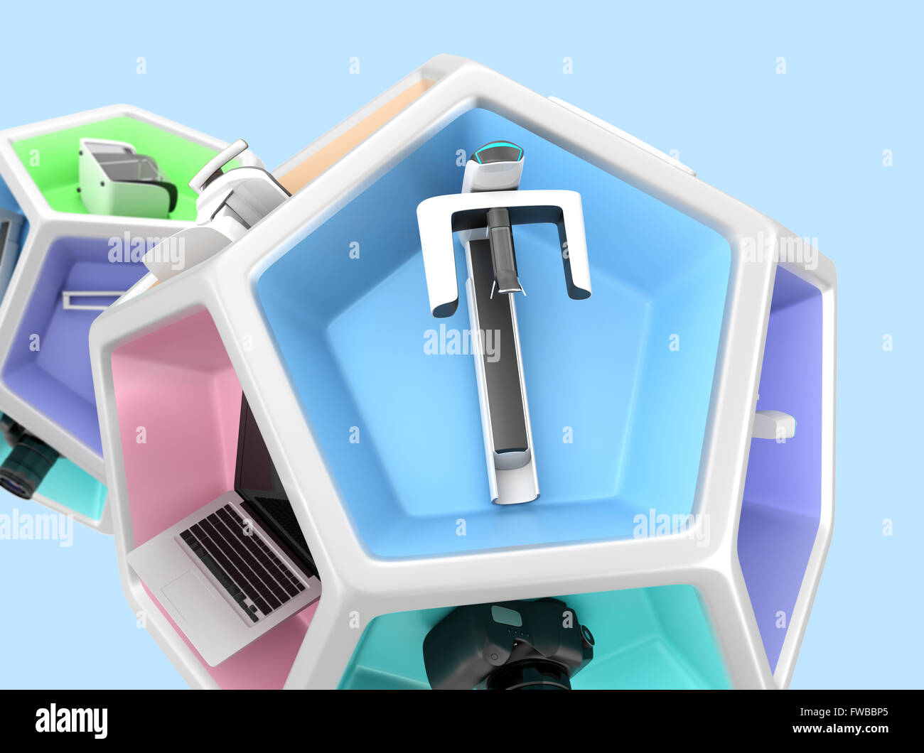 Dental equipment in pentagon cube. Concept for digital dentistry. Stock Photo