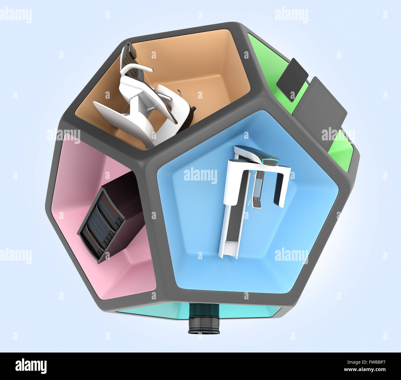 Dental equipment in pentagon cube. Concept for digital dentistry Stock