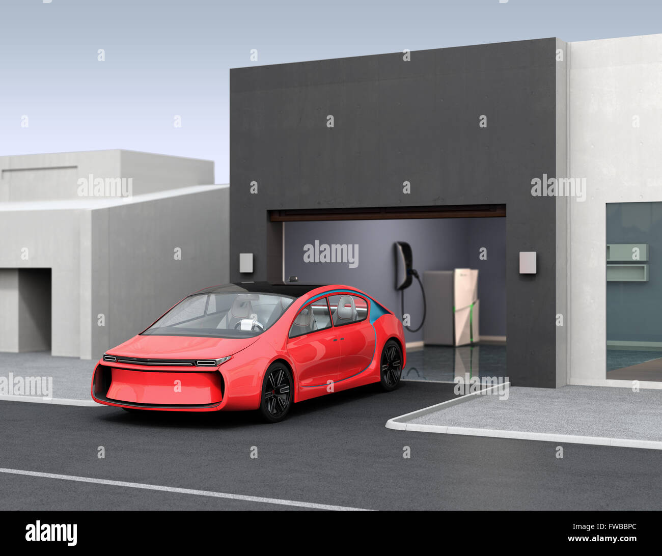 Red electric car park near to parking garage. 3D rendering image. Stock Photo