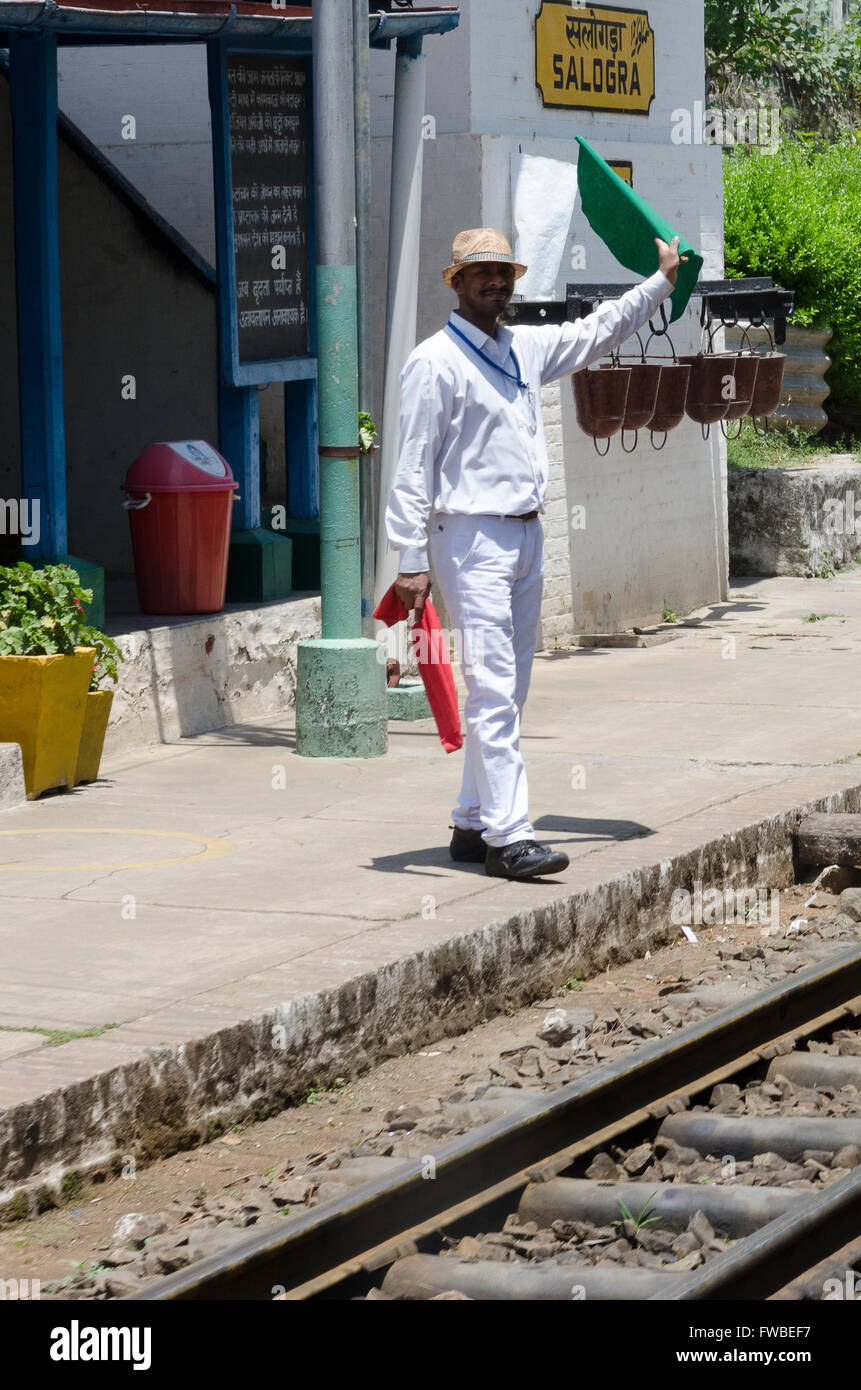 Station master at Salogra Station, Kalka to Simla Railway, Himachal Pradesh, India Stock Photo