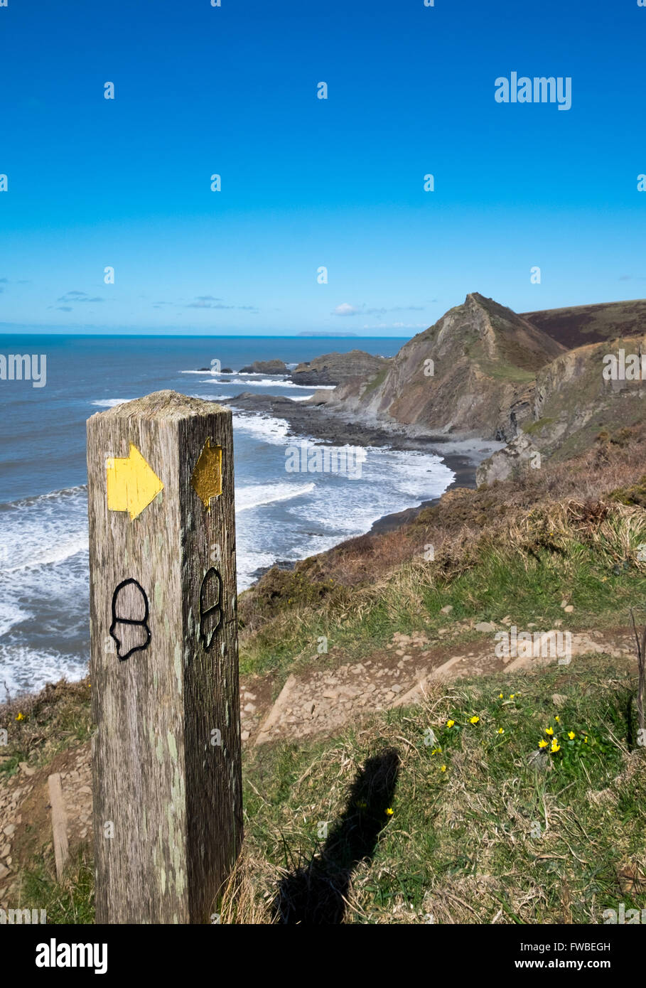 South West Coastal Path National Trail sign in Hartland Devon, UK Stock Photo