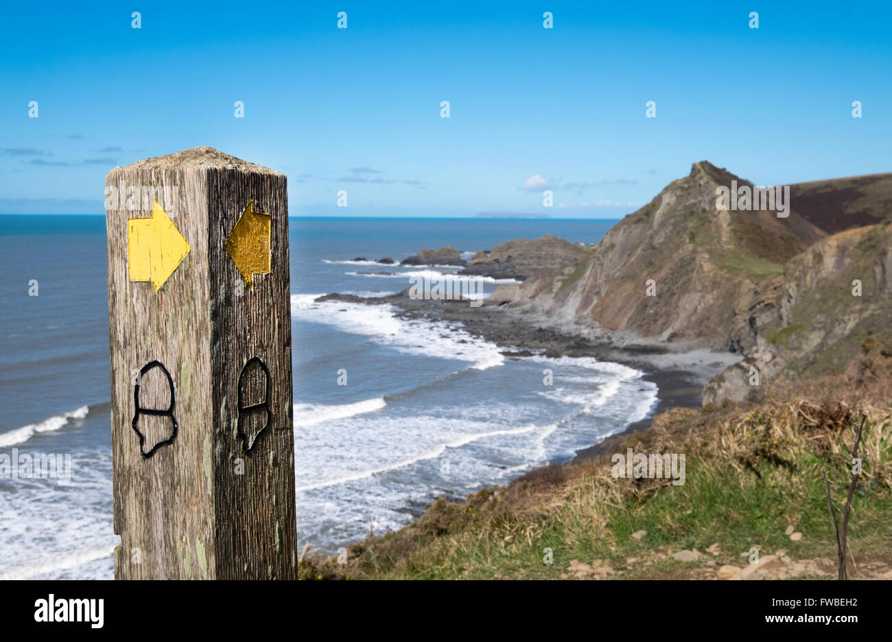 South West Coastal Path National Trail sign in Hartland Devon, UK Stock Photo