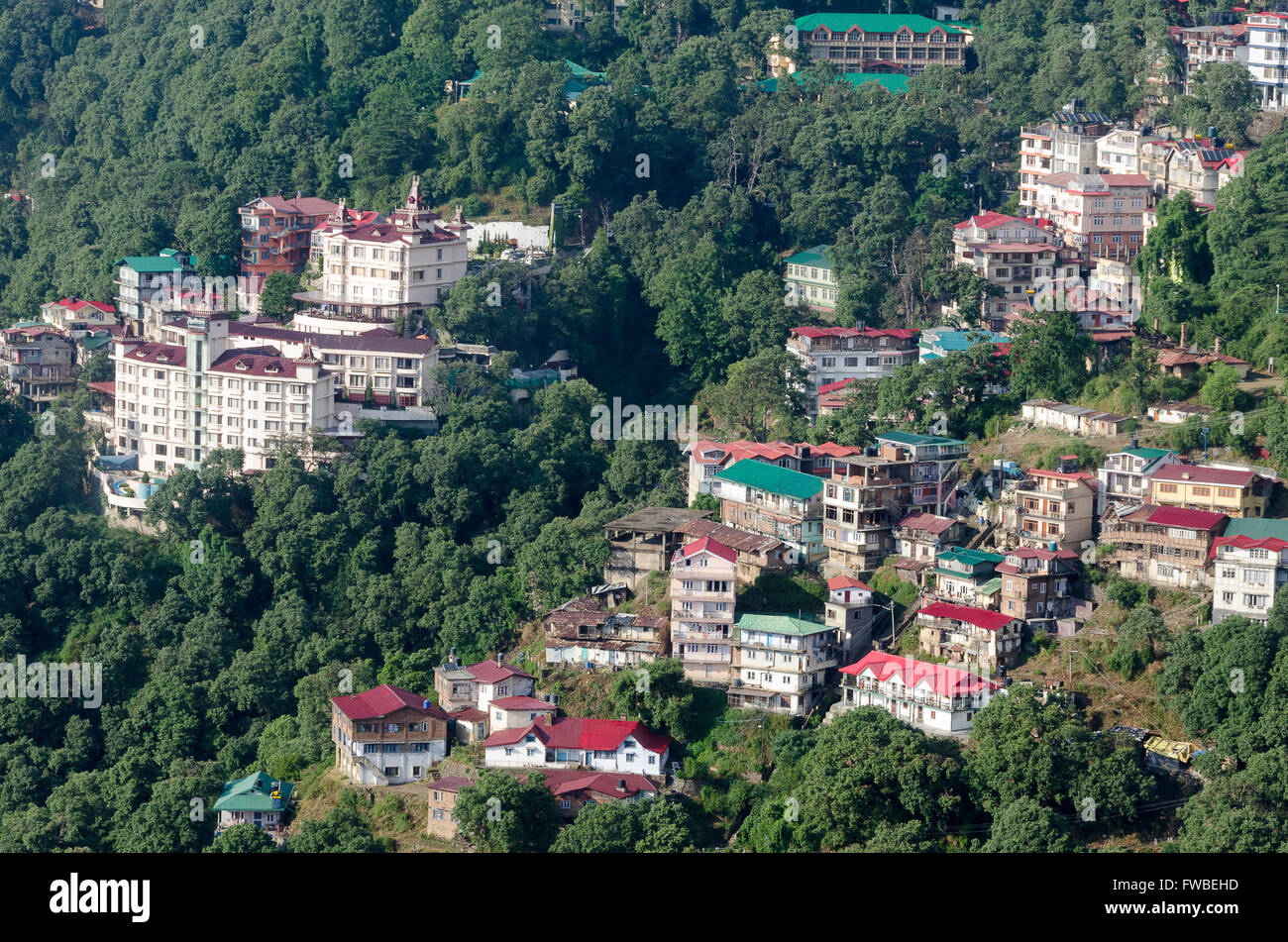 Houses on hillside, Shimla, Himachal Pradesh, India. Stock Photo