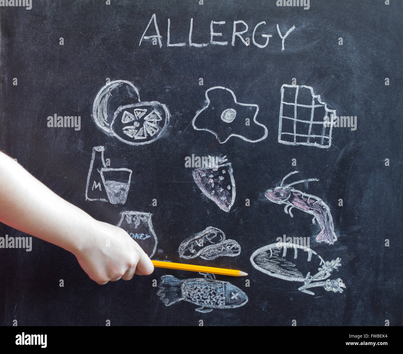 Allergy food and beverages on blackboard concept Stock Photo