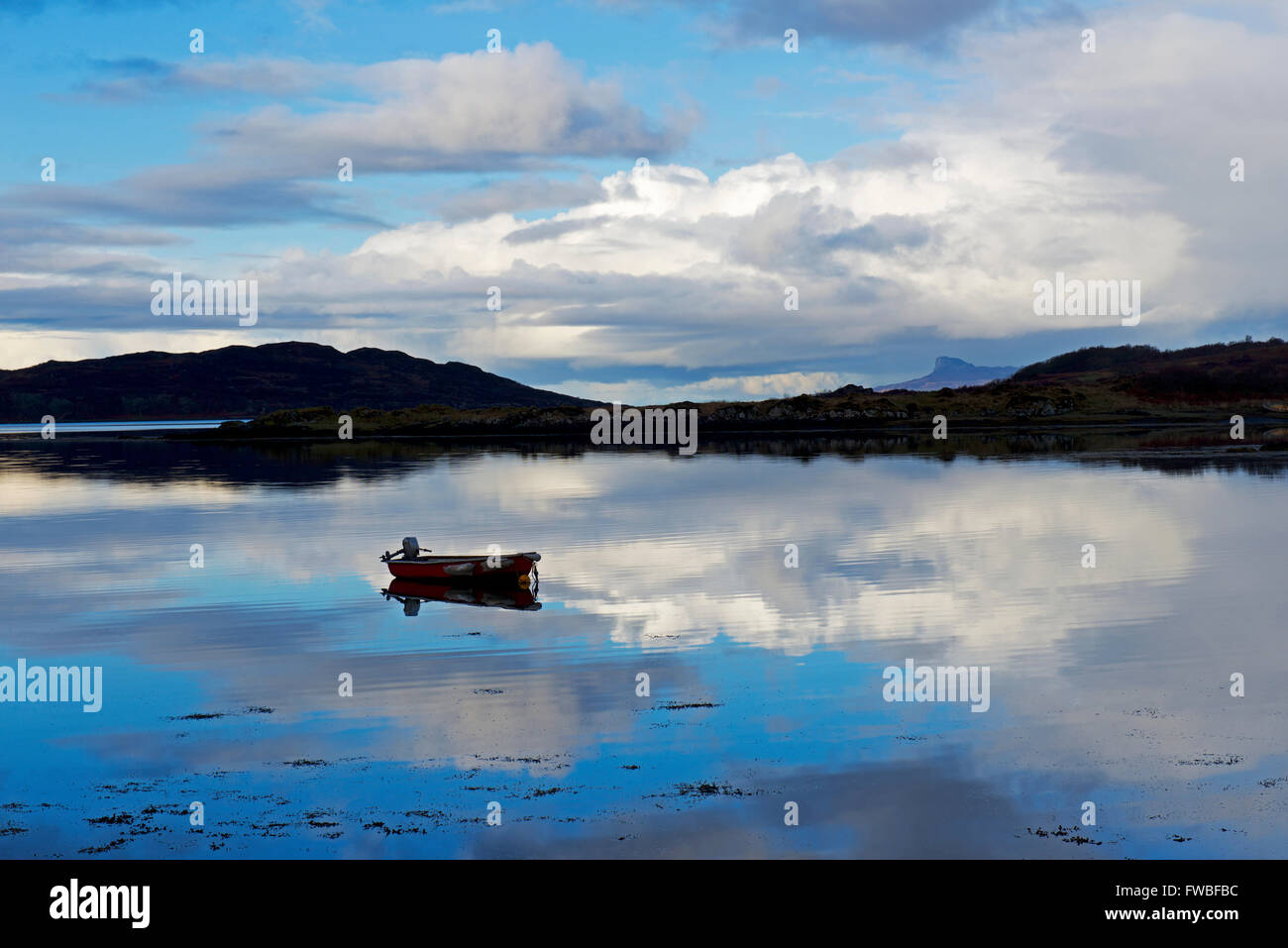 Dinghy moored in the bay, Loch nan Ceall, at Arisaig, Invernessshire