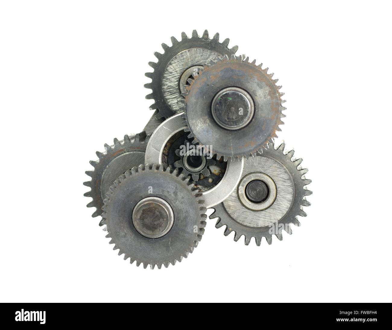 mechanism with three cogwheels on white background Stock Photo Alamy