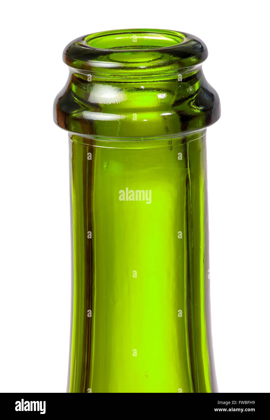 Neck of green bottle of champagne isolated on white background Stock